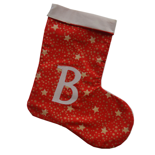 Χριστουγεννιάτικη κάλτσα με μονόγραμμα κόκκινη με χρυσά αστεράκια - ύφασμα, διακοσμητικά, χριστουγεννιάτικα δώρα, προσωποποιημένα