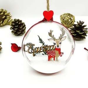 Χειροποίητη Χριστουγεννιάτικη μπάλα 8cm με όνομα και ελαφάκι - χριστουγεννιάτικα δώρα, στολίδια, προσωποποιημένα, μπάλες