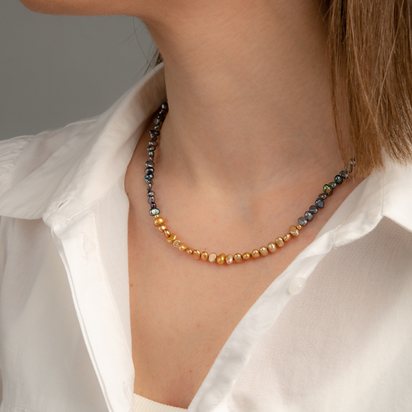 Black & Gold Pearl Necklace - μαργαριτάρι, γυναικεία, ασήμι 925 - 3