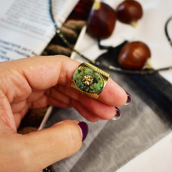 Δαχτυλίδι από Ανοξείδωτο Ατσάλι, Πέτρα και Σταυρό Coat Of Arms Green - επιχρυσωμένα - 4