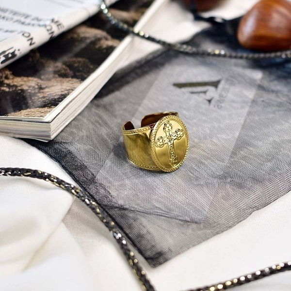 Δαχτυλίδι από Ανοξείδωτο Ατσάλι με Σταυρό Notre Dame Gold - επιχρυσωμένα, μεγάλα - 3