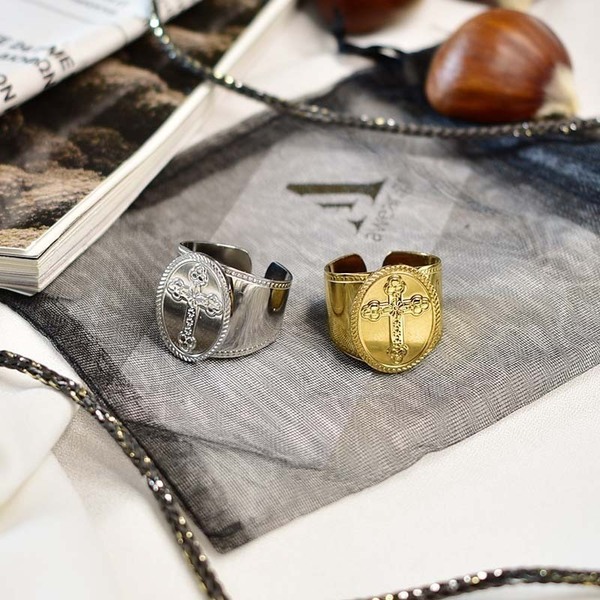Δαχτυλίδι από Ανοξείδωτο Ατσάλι με Σταυρό Notre Dame Gold - επιχρυσωμένα, μεγάλα - 4
