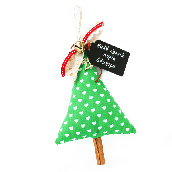 Γούρι δεντράκι πράσινο με καρδούλες σε ξύλο κανέλας - ύφασμα, χριστουγεννιάτικα δώρα, γούρια, δέντρο