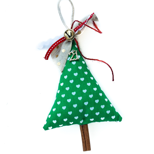 Γούρι δεντράκι πράσινο με καρδούλες σε ξύλο κανέλας - ύφασμα, χριστουγεννιάτικα δώρα, γούρια, δέντρο - 3