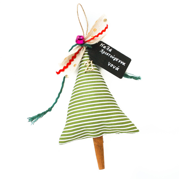 Γούρι δεντράκι πράσινο ριγέ σε ξύλο κανέλας - ύφασμα, χριστουγεννιάτικα δώρα, γούρια, δέντρο