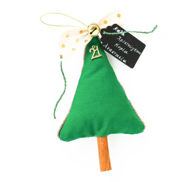 Γούρι δεντράκι πράσινο σε ξύλο κανέλας - ύφασμα, χριστουγεννιάτικα δώρα, γούρια, δέντρο