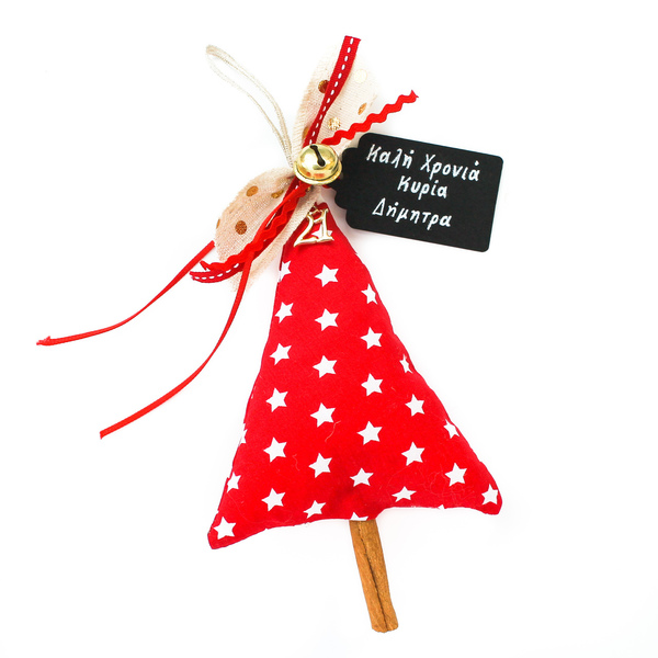 Γούρι δεντράκι κόκκινο με αστεράκια σε ξύλο κανέλας - ύφασμα, χριστουγεννιάτικα δώρα, γούρια, δέντρο