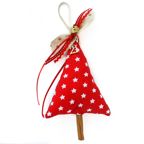 Γούρι δεντράκι κόκκινο με αστεράκια σε ξύλο κανέλας - ύφασμα, χριστουγεννιάτικα δώρα, γούρια, δέντρο - 3