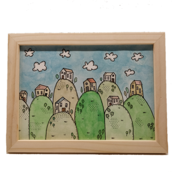 "Στην κορυφή!" - Ζωγραφική με πράσινες γαλάζιες ακουαρέλες σε καφέ ξύλινη κορνίζα 20 Χ 15 εκ. - πίνακες & κάδρα, δώρα για παιδιά, γενική διακόσμηση, παιδικά κάδρα
