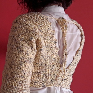 Χειροποίητο κοντό μάλλινο πουλόβερ εκρού με πρωτότυπο σχέδιο ανοιχτή πλάτη μέγεθος S - μαλλί, πλεκτό, μακρυμάνικες - 2