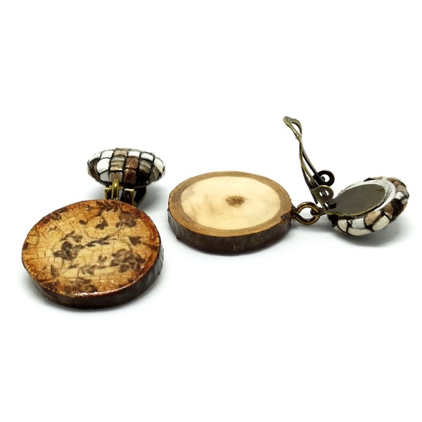 Σκουλαρίκια με κλιπς από ξύλο σε καφέ αποχρώσεις - ξύλο, ορείχαλκος, ντεκουπάζ, κρεμαστά, με κλιπ - 4