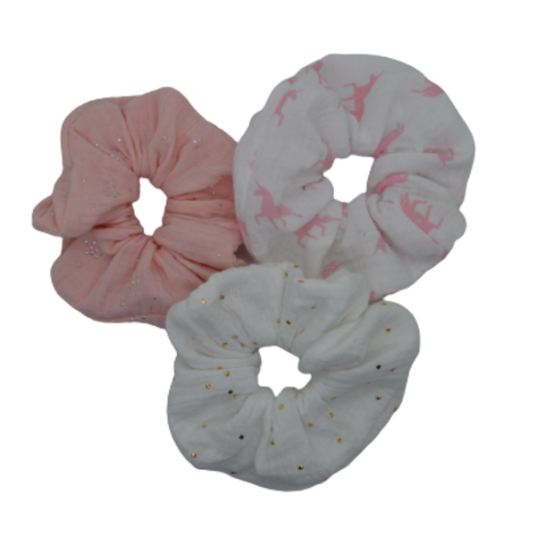 Σετ 3 λαστιχάκια για τα μαλλιά-scrunchies μουσελίνα λευκό,ροζ, λευκό με μονόκερους - λαστιχάκια μαλλιών - 4