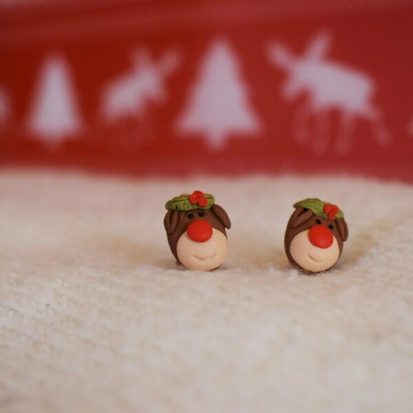 Christmas Reindeer | Χειροποίητα μικρά σκουλαρίκια τάρανδοι (πηλός, ατσάλι) - πηλός, καρφωτά, μικρά, ατσάλι, χριστούγεννα, καρφάκι - 2