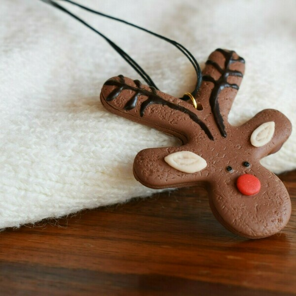 Cookie Reindeer | Χειροποίητο χριστουγεννιάτικο μακρύ κολιέ μπισκοτένιος τάρανδος (30εκ., αυξομειούμενο, πηλός) - πηλός, μακριά, χριστούγεννα - 2