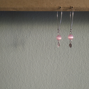 Σκουλαρίκια φυλλαράκια με κρυστάλλινη χάντρα, μεγάλα κουμπώματα, ροζ χρώμα - κρύσταλλα, μακριά, κρεμαστά - 3