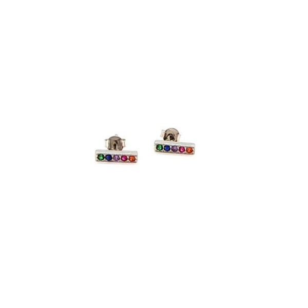 Ασημένια σκουλαρίκια 925 μικρές μπάρες με καρφωτά πολύχρωμα ζιργκόν. - ασήμι, καρφωτά, μικρά, επιπλατινωμένα - 3