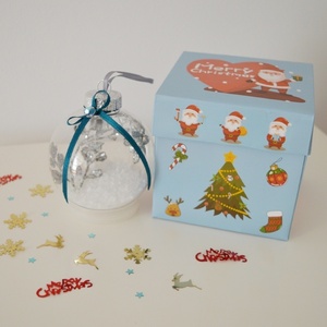 Χριστουγεννιάτικη μπάλα 8cm με ασημί φύλλα σε χάρτινο κουτί δώρου - φύλλο, στολίδια, μπάλες