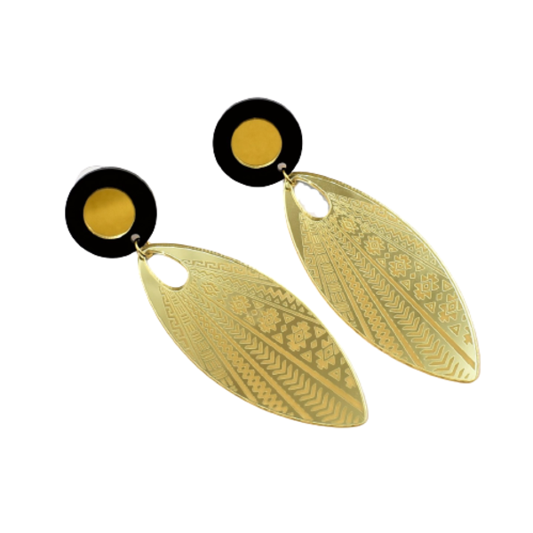 Σκουλαρίκια με μεγάλο χρυσό φύλλο από plexy glass - μακριά, plexi glass, κρεμαστά, μεγάλα