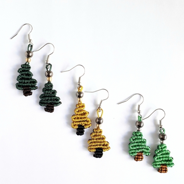 Μικρά Σκουλαρίκια Χριστουγεννιάτικο Δέντρο - νήμα, μακραμέ, χριστουγεννιάτικο, κοσμήματα, δέντρο - 2
