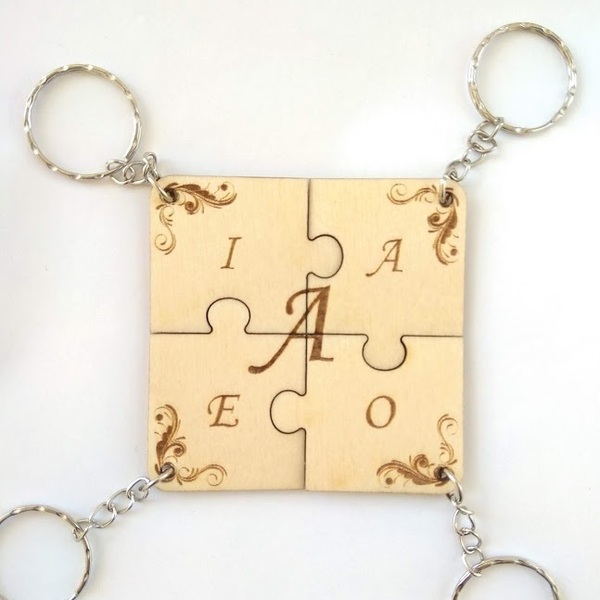 Τετραπλό μπρελόκ puzzle με μονογράμματα - ξύλο, δώρο, οικογένεια, σπιτιού - 2