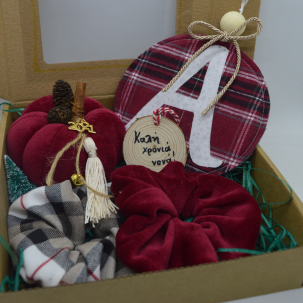 Gift box-δωροκουτάκι για τη νονά μπορντώ καρώ - ύφασμα, χριστουγεννιάτικα δώρα, κολοκύθα, σετ δώρου