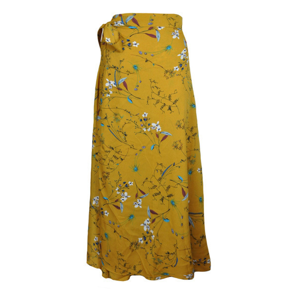 Φούστα μουσταρδί, maxi, wrap με φλοράλ μοτίβο - φλοράλ, casual