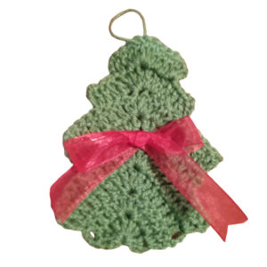 Χειροποίητο πλεκτό Χριστουγεννιάτικο ελατο πράσινο με κοκκινητα κορδέλα οργαντζα - στολίδια, χριστουγεννιάτικα δώρα, δέντρο, χριστουγεννιάτικο, για την πρωτοχρονιά