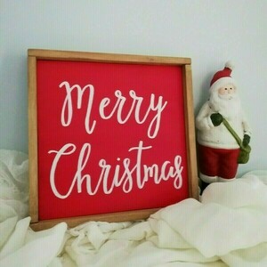 "Merry Christmas" - Χριστουγεννιάτικη ξύλινη πινακίδα 22 × 22 εκ. - ξύλο, χριστουγεννιάτικο, διακοσμητικά, merry christmas - 3