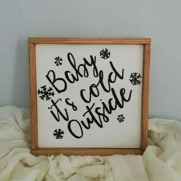 "baby it's cold outside" - Ξύλινη πινακίδα 22 × 22 εκ. για το καθιστικό / το υπνοδωμάτιο - πίνακες & κάδρα, χριστουγεννιάτικο, χιονονιφάδα, χειμώνας - 3