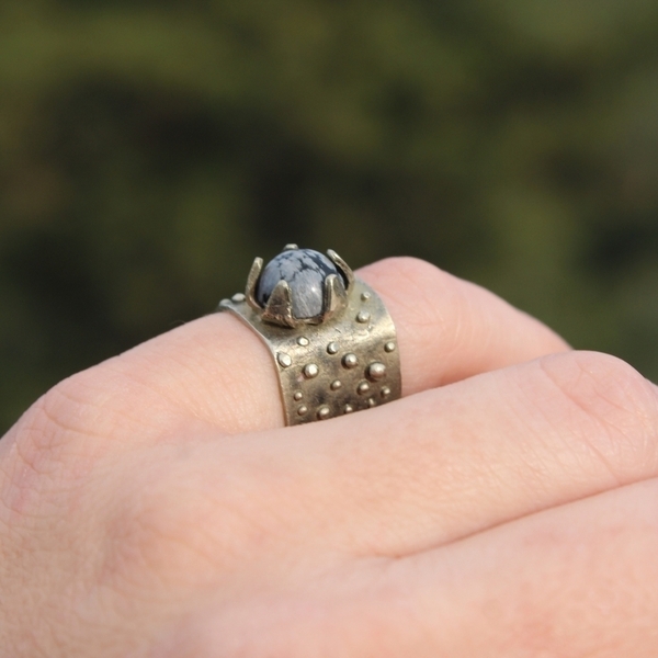 Δαχτυλίδι από αλπακά και οψιδιανό χιονιού - ημιπολύτιμες πέτρες, chevalier, αλπακάς, αυξομειούμενα - 5
