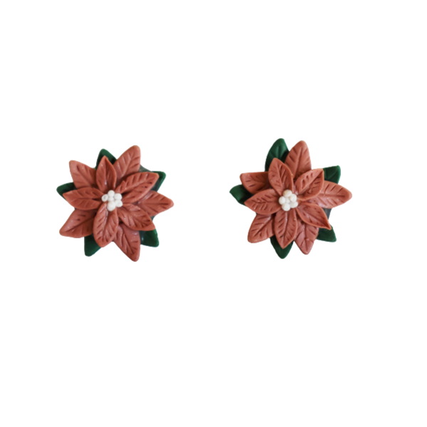 Rose Gold Poinsettias | Χειροποίητα καρφωτά σκουλαρίκια χριστουγεννιάτικα αλεξανδρινά λουλούδια (πηλός, ατσάλι) - πηλός, λουλούδι, καρφωτά, μικρά, ατσάλι, καρφάκι