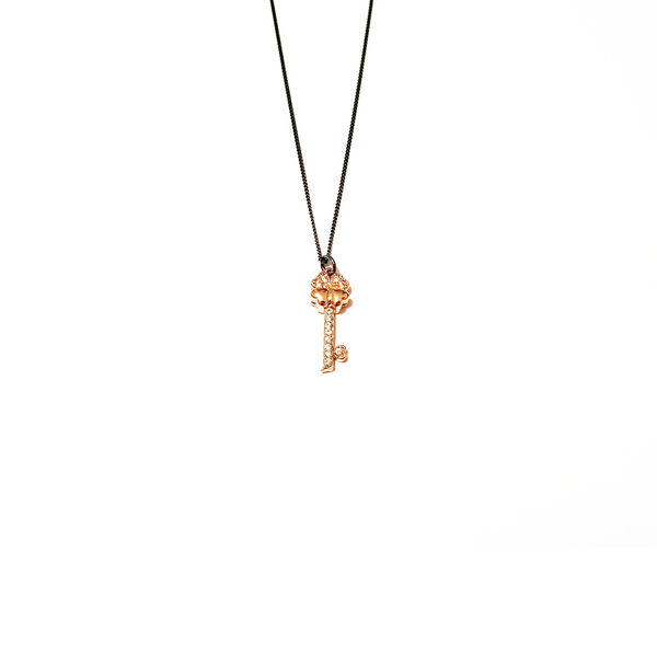 Χειροποίητο κολιέ «pink gold swarovski key black silver chain» - ασήμι, charms, επιχρυσωμένα, ασήμι 925