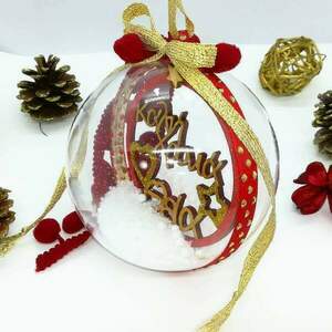 Χειροποίητη Χριστουγεννιάτικη μπάλα 10εκ, Καλή Xρονιά Θεία - ξύλο, plexi glass, στολίδια, μπάλες - 2