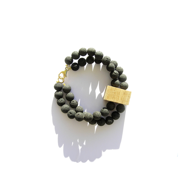 Χειροποίητο ξύλινο βραχιόλι "Lava rectangle bracelet" - ημιπολύτιμες πέτρες, επιχρυσωμένα, ξύλινο, σταθερά, πολύσειρα, χεριού
