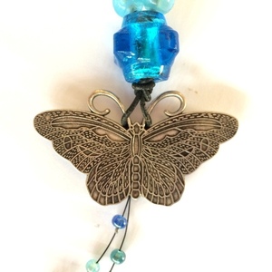 Μακρύ μενταγιόν με πεταλούδα και μπλε γυαλόχαντρες - ορείχαλκος, πεταλούδα, χάντρες, μακριά, μεγάλα - 3