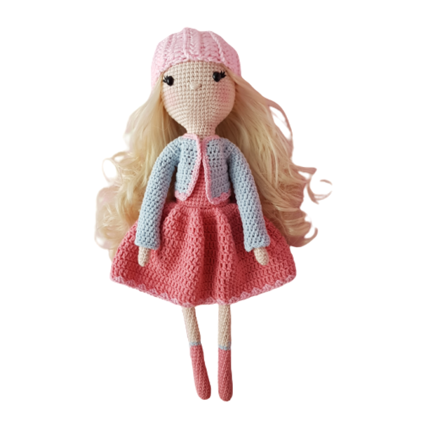 Πλεκτή κούκλα με ξανθά μαλλιά και ροζ σκουφάκι 41cm - δώρο, λούτρινα, δώρα γενεθλίων, amigurumi, κούκλες