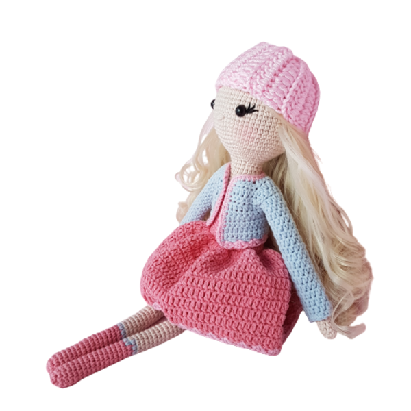 Πλεκτή κούκλα με ξανθά μαλλιά και ροζ σκουφάκι 41cm - δώρο, λούτρινα, δώρα γενεθλίων, amigurumi, κούκλες - 3