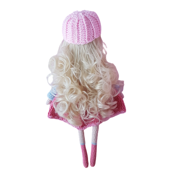 Πλεκτή κούκλα με ξανθά μαλλιά και ροζ σκουφάκι 41cm - δώρο, λούτρινα, δώρα γενεθλίων, amigurumi, κούκλες - 4