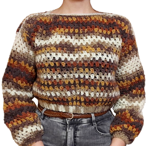 Χειροποίητο κοντό πουλόβερ με μαλλί σε καφέ και μουσταρδί αποχρώσεις μέγεθος S - μαλλί, νεανικό, μακρυμάνικες