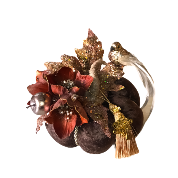 Βελούδινη κολοκυθα 2024 με λουλούδια , πουλάκι και φούντα - χριστουγεννιάτικα δώρα, κολοκύθα, γούρια