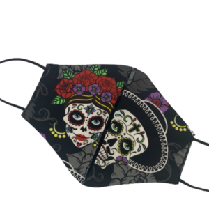 Σετ scrunchie & γυναικεία μάσκα σε rock pattern νεκροκεφαλές με αντιβακτηριδιακό ύφασμα στην πίσω όψη. - frida kahlo, σετ δώρου, μάσκες προσώπου - 2