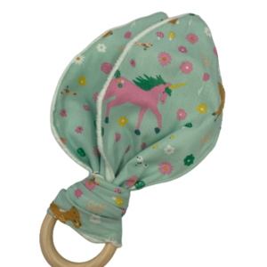Μασητικό σε σχήμα «Αυτιά κουνελιού» με ξύλινο κρίκο σε θέμα Ζωάκια στο δάσος. - μασητικά μωρού, για μωρά, δώρα για μωρά