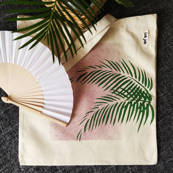 Tote Τσάντα με Φύλλα Φοίνικα - ύφασμα, ώμου, φύλλο, tote - 5