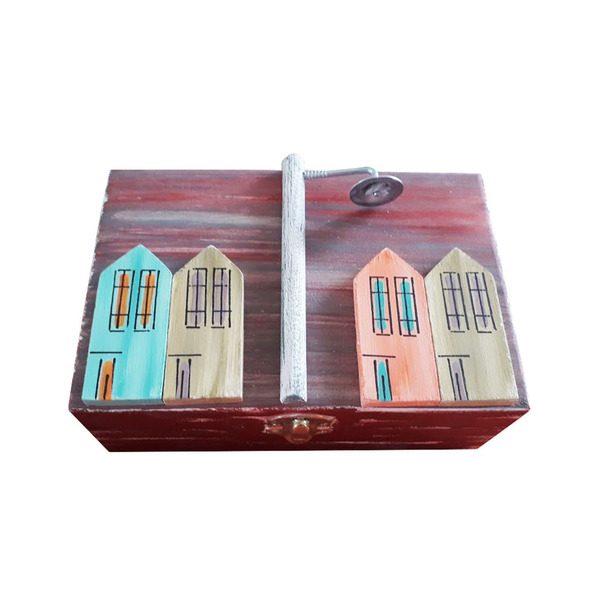 Κουτί αποθήκευσης ξύλινο χειροποίητο ζωγραφισμένο στο χέρι Σπίτια με κολόνα 18x8x12 Μπορντό Καπαδάκης - ζωγραφισμένα στο χέρι, χειροποίητα, κοσμηματοθήκη, δώρα για γυναίκες, ξύλινα διακοσμητικά τοίχου