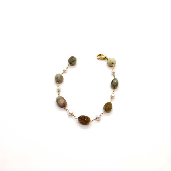 Ατσάλινο βραχιόλι με ημιπολύτιμες πέτρες πράσινου αχάτη και μαργαριτάρι. - ημιπολύτιμες πέτρες, ατσάλι, χεριού, αυξομειούμενα - 2