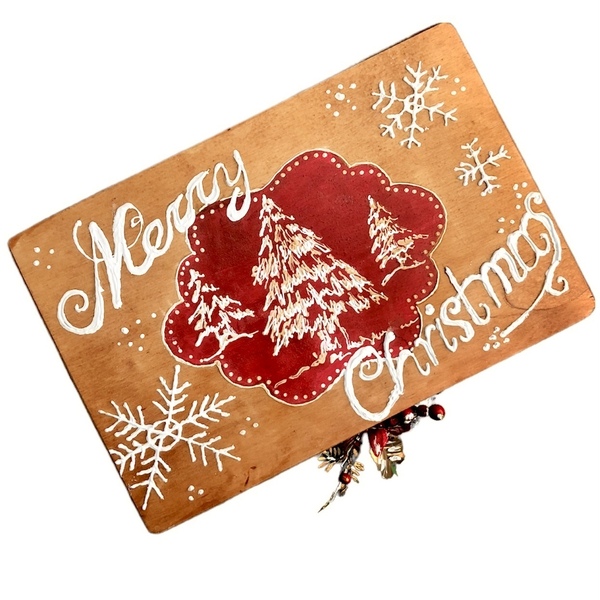 Ξύλινο καφέ Χριστουγεννιάτικο κουτί «Merry Christmas». Διαστάσεις: 30*20*15εκ. - ξύλο, ζωγραφισμένα στο χέρι, χριστουγεννιάτικο, διακοσμητικά