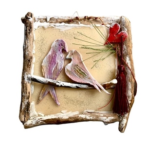 Καδράκι «Πουλιά» με υγρό γυαλί και πηλό. Διαστάσεις: 23*23εκ - πίνακες & κάδρα, χειροποίητα, διακοσμητικά, δωρο για επέτειο - 5