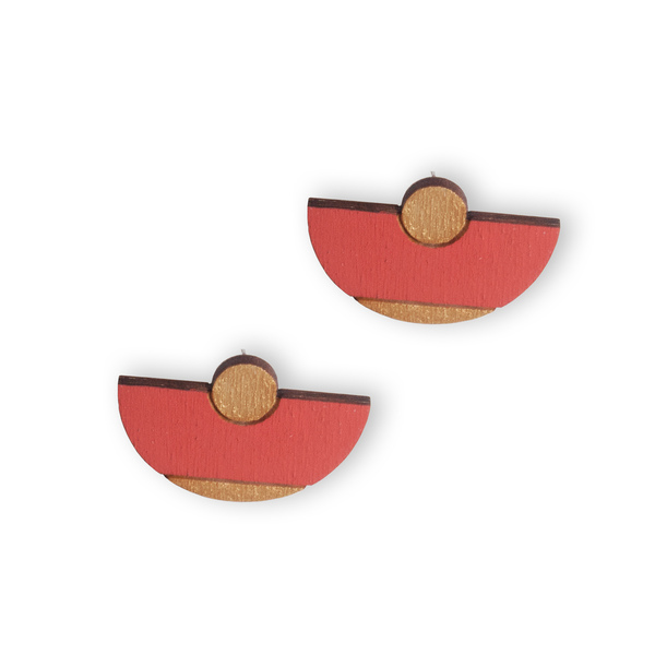 Ξύλινα σκουλαρίκια Sphynx Orange/Red-Gold - ξύλο, καρφωτά, boho, μεγάλα, φθηνά