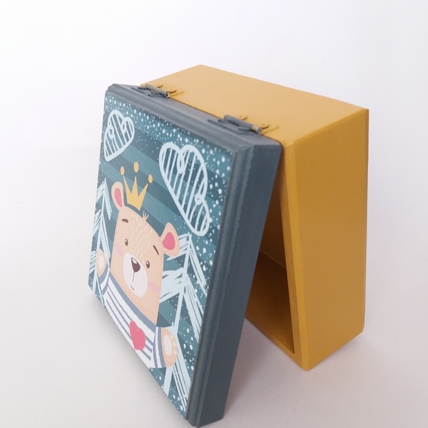 Ξύλινο Κουτάκι mtf αρκουδάκι πετρολ μουστάρδι 14×14×7εκ.ύψος - αγόρι, δώρο, κουτί, δώρο πάσχα, ζωάκια - 2