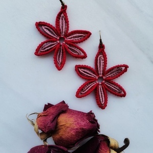 Μακραμέ δίχρωμα σκουλαρίκια σε σχήμα λουλουδιού (Κόκκινο-ροζ) - μακραμέ, λουλούδι, μικρά, κρεμαστά, μεγάλα - 3